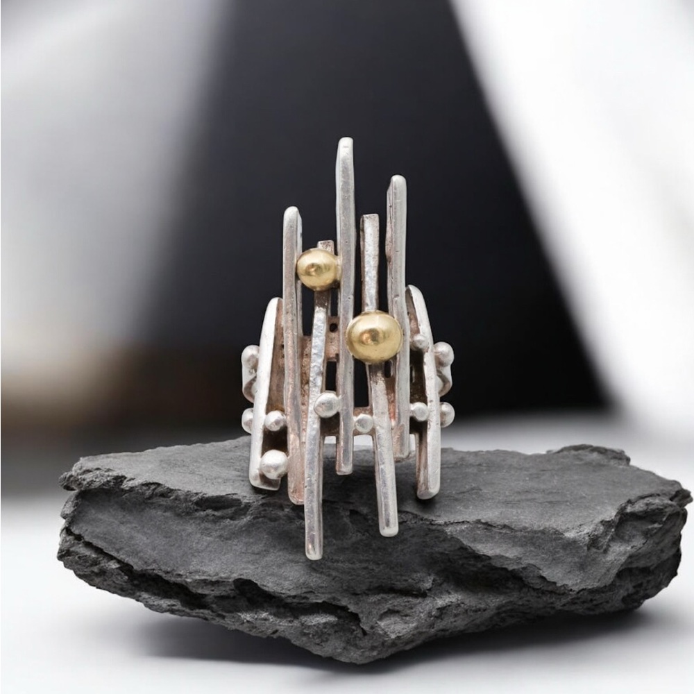 Mid Century Modern sterling silver & 14k gold brutalist abstract bars beads ring